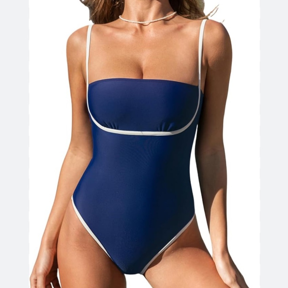 Cupshe Blue Contrast Trim Square Neck One-Piece Swimsuit Bathing Suit Size XL
